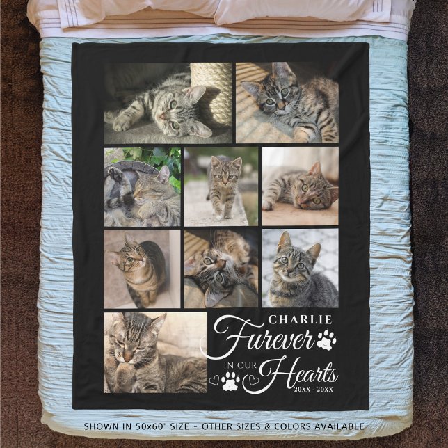 Cat Memorial FUREVER IN OUR HEARTS 9 Photo Collage Fleece Blanket (Creator Uploaded)