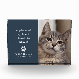 Cat Memorial My Heart Lives in Heaven Navy Blue Photo Block