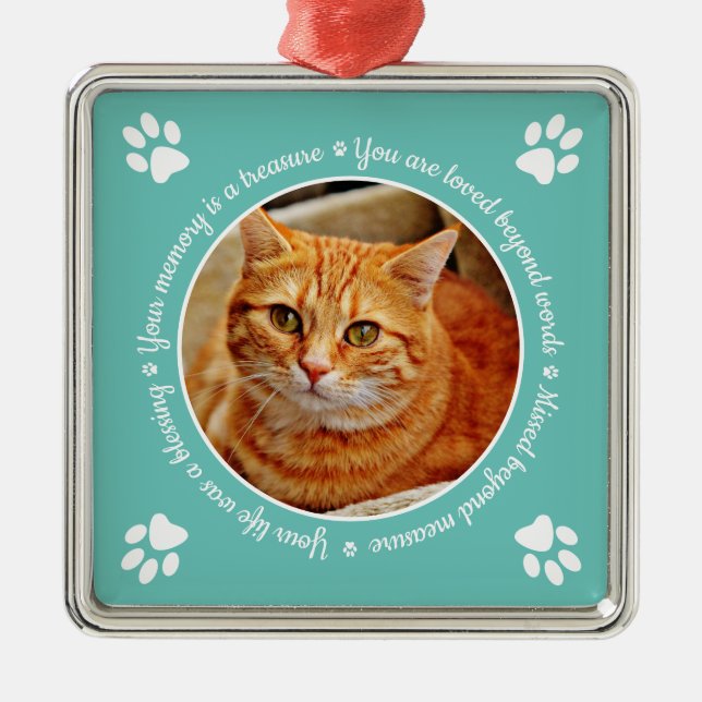 Cat Memorial Paw Prints Photo Metal Tree Decoration (Front)