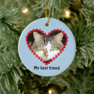 Cat memory paw prints name photo ceramic tree decoration