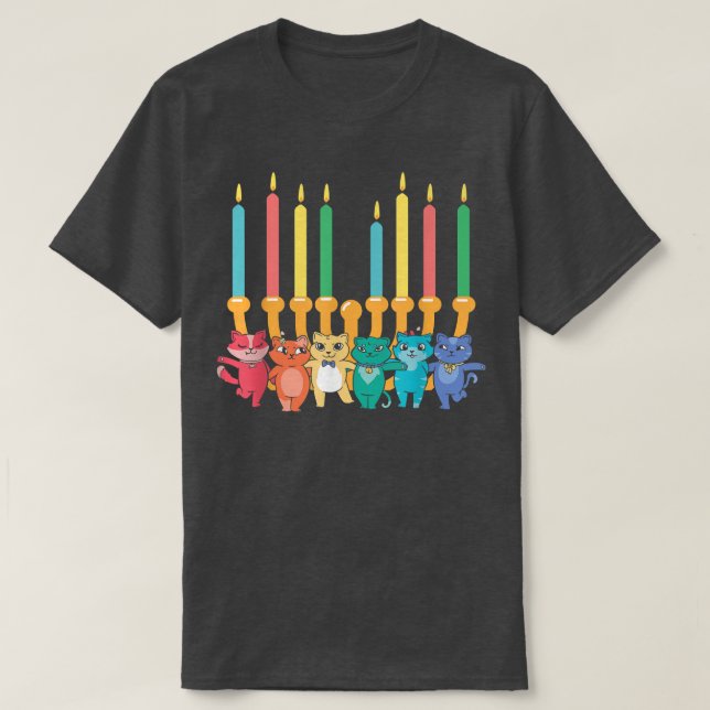 Cat Menorah Hanukkah Chanukah Pajama Costume For J T-Shirt (Design Front)