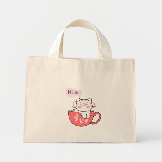 cat meow in a cup  mini tote bag (Front)