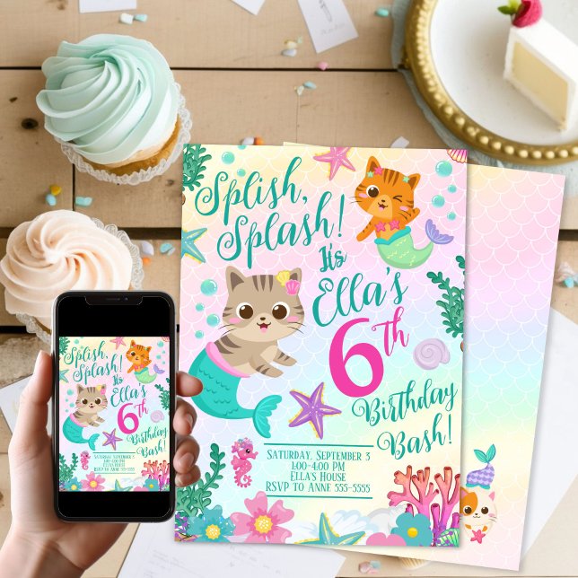 Cat Meowmaid Mermaid Girl Birthday Party  Invitation (Meow-maid Cat mermaid party invitation)
