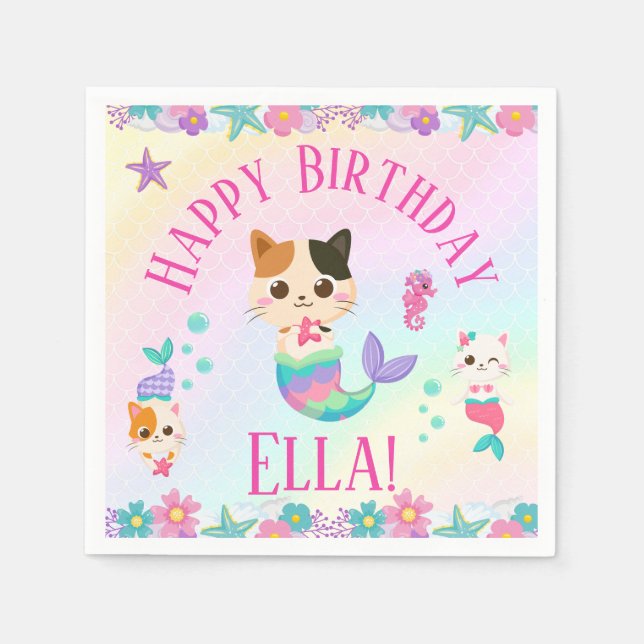 Cat Meowmaid Mermaid Girl Birthday Party  Napkin (Front)