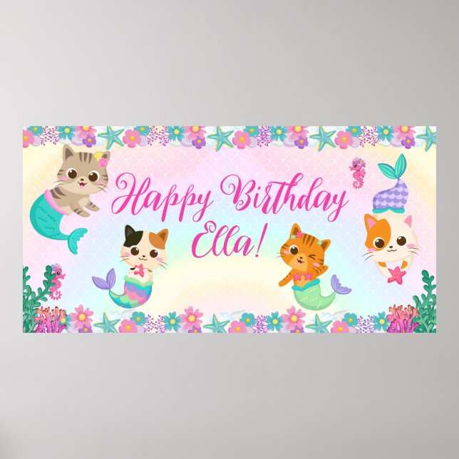 Cat Meowmaid Mermaid Girl Birthday Party Poster (Front)