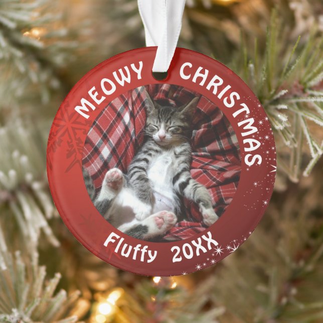 Cat MEOWY CHRISTMAS 2 Photo Name Year Red Ornament (Tree)