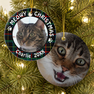 Cat MEOWY CHRISTMAS 2-Sided Christmas Plaid Ceramic Tree Decoration