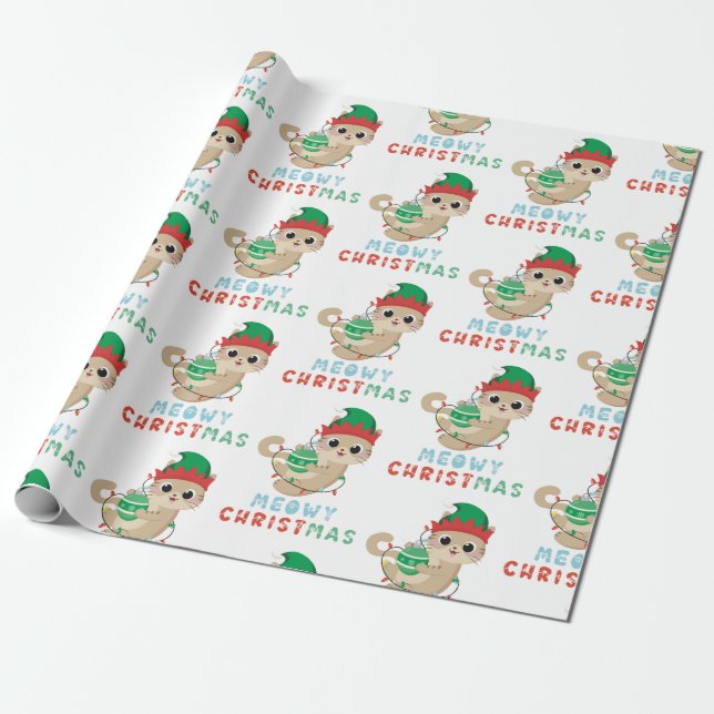 Cat Meowy Christmas Wrapping Paper for kids gifts (Unrolled)
