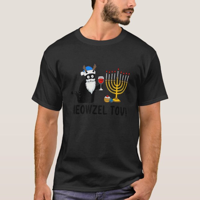 Cat Meowzel Tov Chanukah Jewish Black Cat Hanukkah T-Shirt (Front)