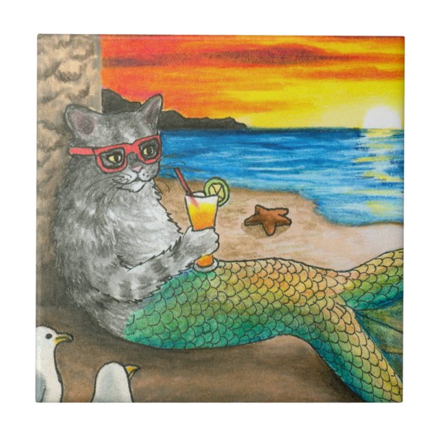 Cat Mermaid 25 Beach Sunset Tile (Front)