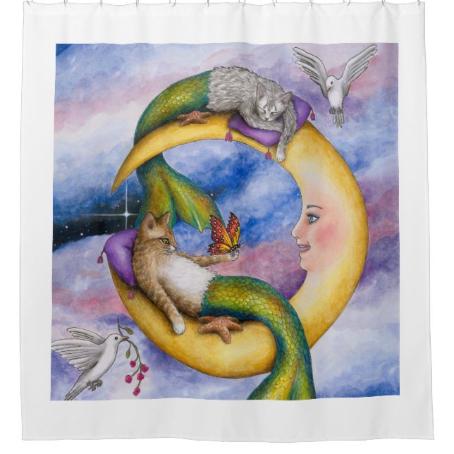 Cat Mermaid 29 Fantasy cats on Moon Shower Curtain (Front)