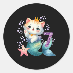 Cat Mermaid 7th Birthday 7 Year Old Party Girls Ou Classic Round Sticker