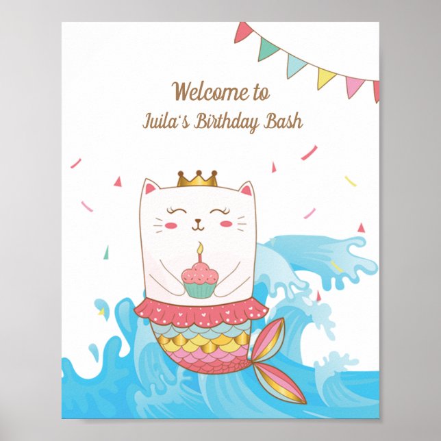 Cat mermaid birthday party welcome sign (Front)