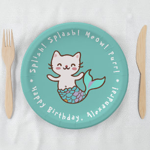 Cat Mermaid Blue Girl Birthday Purrmaid Meowmaid Paper Plate