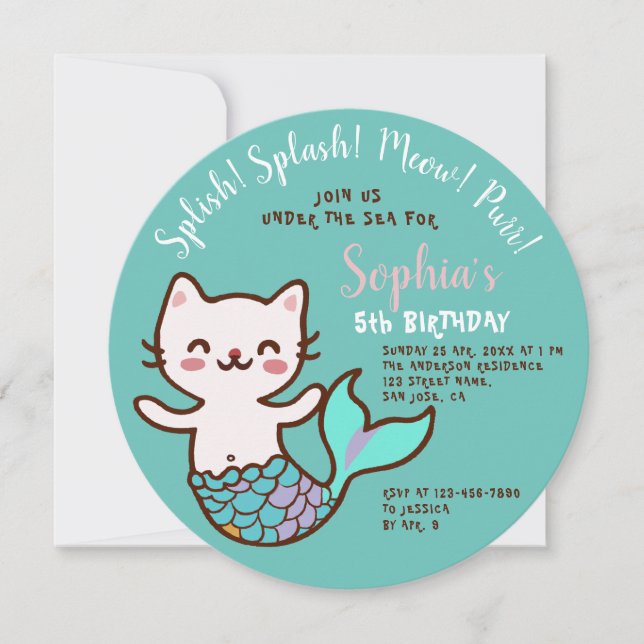 Cat Mermaid Blue Round Girl Birthday Purrmaid  Invitation (Front)