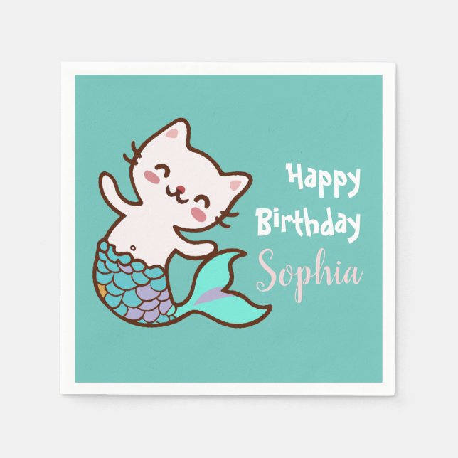 Cat Mermaid Cute Meowmaid Purrmaid  Girl Birthday Napkin (Front)