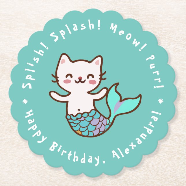 Cat Mermaid Girl Birthday Blue Meowmaid Purrmaid  Paper Coaster (Front)