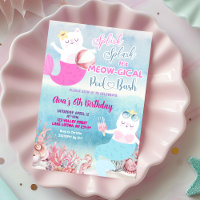 Cat Mermaid Pool Party Birthday Invitation