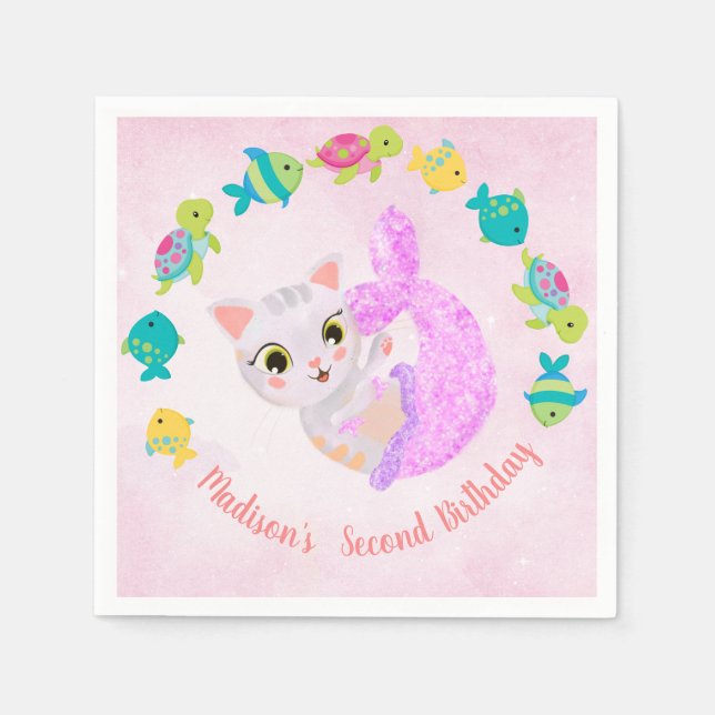 Cat Mermaid Purrmaids Birthday Plate Napkin (Front)