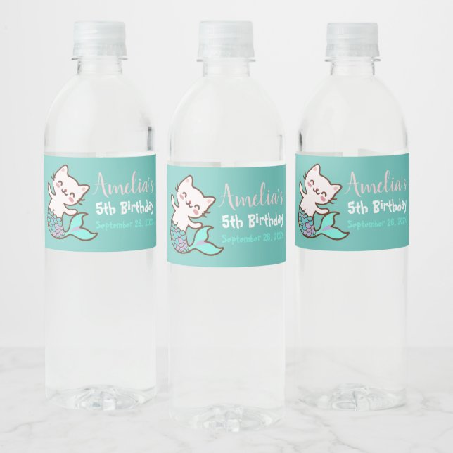 Cat Mermaid Under The Sea Cute Girl Birthday Blue  Water Bottle Label (Bottles)