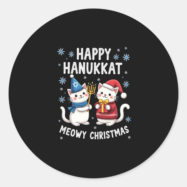 Cat Merry Christmas Happy Hanukkah Jewish Christia Classic Round Sticker (Front)