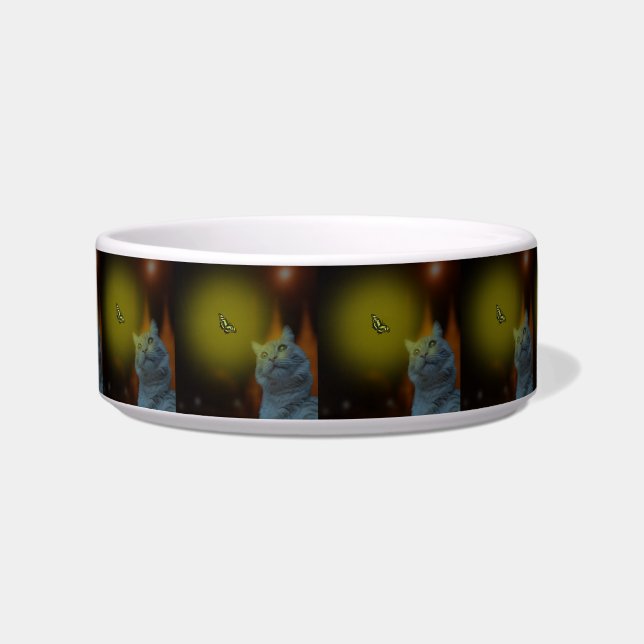 Cat Mesmerized By Butterfly, Ceramic Pet Bowl (Front)
