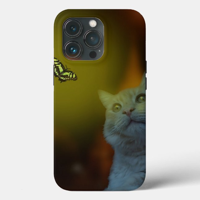 Cat Mesmerized By Butterfly, iPhone 13 Pro Case (Back)