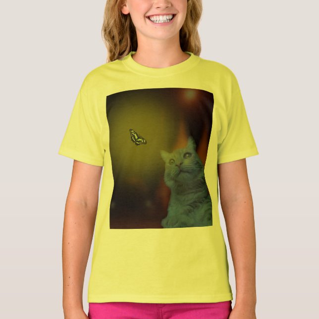 Cat Mesmerized By Butterfly, Kids Tshirt (Front)