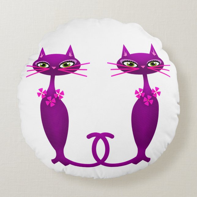 Cat mid century cute girly purple pink white round cushion (Front)
