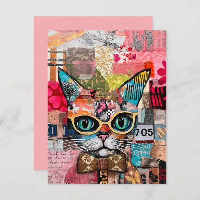 Cat Mixed Mixed Paper Collage Greeting Card (Front/Back)