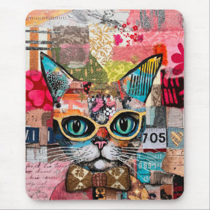 Cat Mixed Mixed Paper Collage Mouse Pad