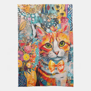 Cat Mixed Mixed Paper Collage Tea Towel