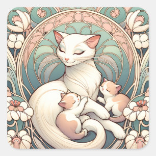 Cat Mom and Kittens Nap Time Square Sticker