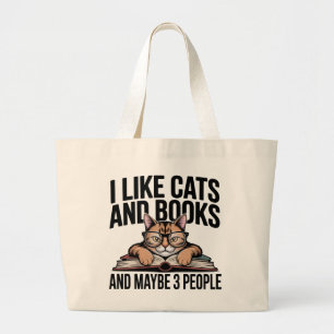 Cat Mom Book Lover Antisocial Introvert Reading Large Tote Bag