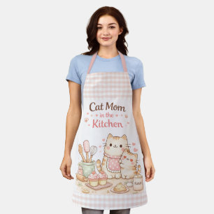 Cat Mom in the Kitchen Kawaii Pastel Gingham Pink Apron