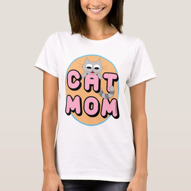 "CAT MOM" Ladies Cute Grey Cartoon Cat T-Shirt (Front)