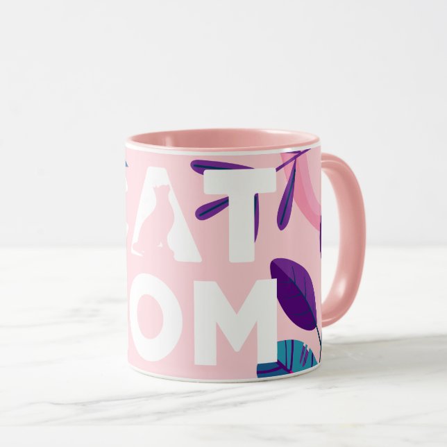 CAT MOM, Pink Floral & Leaves Mug (Front Right)