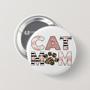 Cat Mom Pink Floral & Leopard Paw 6 Cm Round Badge