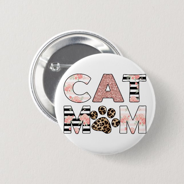 Cat Mom Pink Floral & Leopard Paw 6 Cm Round Badge (Front & Back)