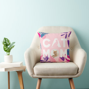 CAT MOM, Your Cat Photo, Pink Flowers & Leaves Cushion