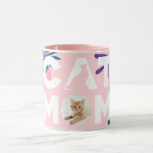 CAT MOM, Your Photo, Pink Flowers & Leaves Mug