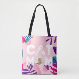 CAT MOM, Your Photo, Pink Flowers & Leaves Tote Bag
