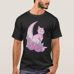 Cat Moon Roses Kitten Cute Pink Graphic T-Shirt