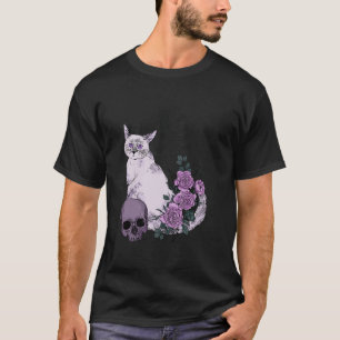 Cat Moon Skull Floral Print Women s Graphic Hallow T-Shirt