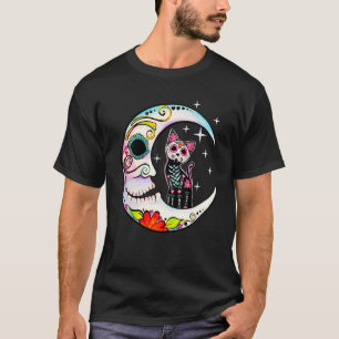 Cat & Moon Sugar Skull Day of The Dead Dia de Muer T-Shirt
