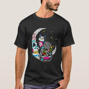 Cat Moon Sugar Skull Dia de Los Muertos Mexican Ho T-Shirt
