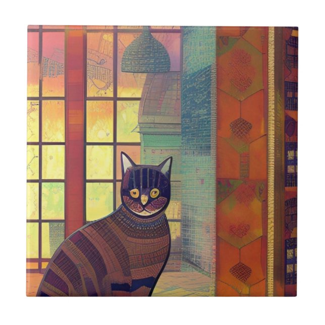 Cat moroccan mosaic abstract art brown city kitty  tile (Front)