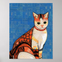 Cat moroccan mosaic abstract art ginger blue kitty