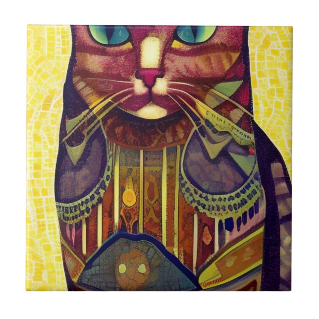 Cat moroccan mosaic abstract art patterned kitty  tile (Front)