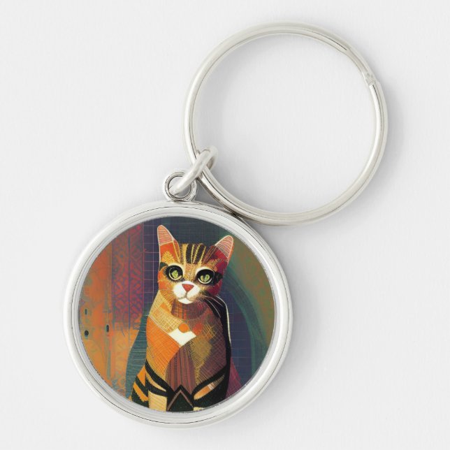 Cat moroccan mosaic abstract art portrait kitty  key ring (Front)